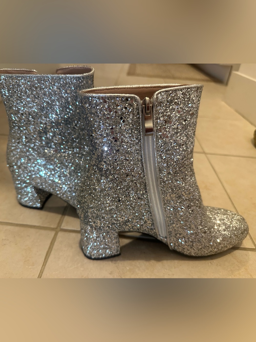 Silver Glitter Ankle Boots with Side Zipper